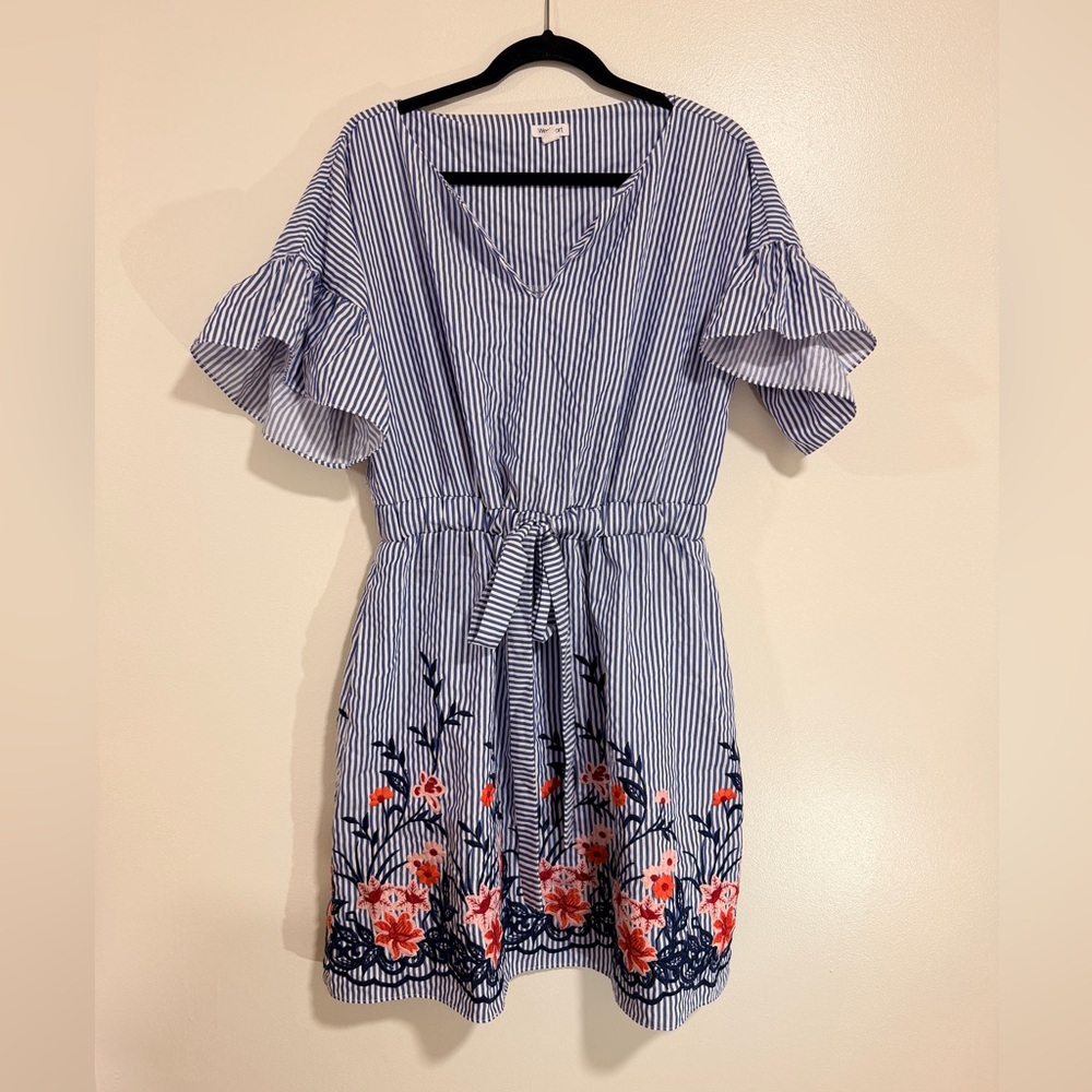 Cottagecore Blue Striped Floral Embroidered Dress Romantic Summer Tea Party